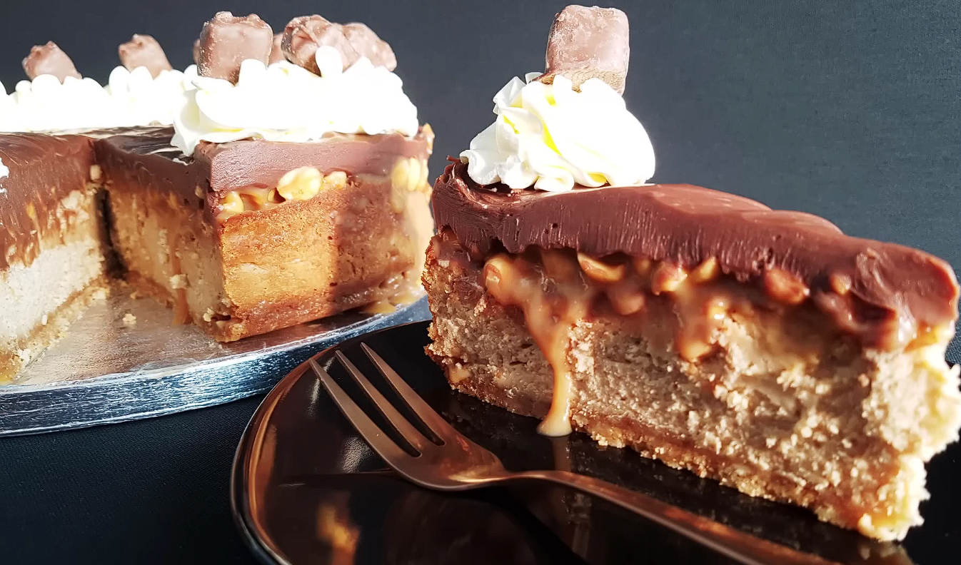 Chocolate Caramelicious Cheesecake Made with Snickers